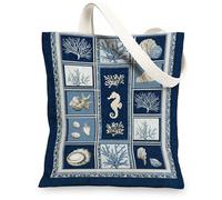 Ocean-Themed Canvas Tote Bag, Vintage Reusable Beach Bags, Lightweight Navy Blue Shoulder Strap Pouches 13x15 Inch