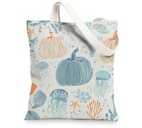 Ocean-Themed Canvas Tote Bags, Stylish Marine Pattern Reusable Grocery Bags, Lightweight Washable Shoulder Strap Canvas Bag, Blue, 13x15 Inch