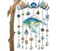 Ocean-Themed Crystal Wind Chime, Coastal Hanging Suncatcher with Crystal Drops, Stained Glass Sea Turtle Whale Dolphin Decor, Coastal Hanging Prism Decor for Garden Patio Porch Balcony (#E)