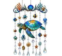 Ocean-Themed Crystal Wind Chime, Stained Acrylic Fish Dolphin Octopus Whale Suncatcher with Prism Drops for Garden Patio Window Decor (Sea Turtle)