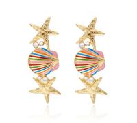 Ocean Themed Drop Earrings Gold Shell Starfish Long Beach Dangle Earrings for Women Colorful Conch Baroque Pearl Earrings Summer Beach Charm Jewelry, M, Metal, No Gemstone