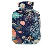 Ocean-Themed Fish Illustration hot Bottle Water Bag with Soft Cover, 2L Warm Water Bottle for Bed for Arthritis, Neck Shoulder Warmer, compresas calientes para el vientre