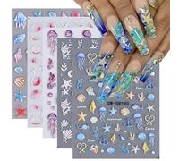 Ocean Themed Nail Art Stickers, 5 Sheets 3D Embossed Self Adhesive Nail Stickers Decals Starfish Seahorse Jellyfish Seashell Fish Summer Nail Art Decorations Accessories (Multi-Colored B)