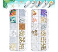 Ocean Themed Nail Charms - 2 Boxes Irregular Abalone Shell Slices, Conch Starfish, Mini Stone Pearls, Colorful Beads 3D Nail Art Decorations for Manicure Design DIY Crafts