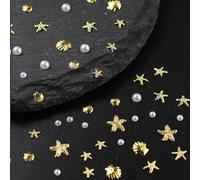 Ocean Themed Nail Charms, 600 Pcs Seashell Starfish Sea Nail Charms Summer Beach Nail Rhinestones Gems Pearls Gold Nail Studs 3D Nail Art Decorations Accessories for Manicure DIY Crafts