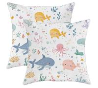 Ocean Themed Pillow Covers Set of 2, Cute Marine Life Decorative Throw Pillows, Summer Sea Creatures Cushion Covers for Kids Room Sofa Couch 16x16 Inch
