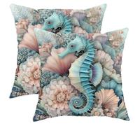 Ocean Themed Throw Pillow Covers Set of 2, Aqua Seahorses Floral Decorative Cushion Cases, Summer Beach House Decor for Living Room Sofa Bed Couch 18x18 Inch