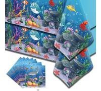 Ocean-Themed Waterproof Tablecloth Set, Cartoon Sea Creatures Design for Poolside Beach Decorations - 2-Pack 54x108 Inch with 20 Matching Napkins for Nautical Birthday Party and Family Gatherings