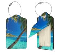 Ocean Tropical Island Print Luggage Tag Leather with Stainless Steel Loop Privacy Cover Name ID Labels for Women Men