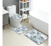 Ocean Turtle Bathroom Mat Sets 3 Piece, Coastal Blue Sea Creatures Absorbent Non Slip Toilet Rugs U Shaped Washable, Summer Marine Quick Dry Memory Foam Bathroom Rug Set