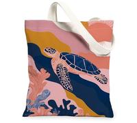 Ocean Turtle Canvas Tote Bags, Marine Life Pattern Reusable Grocery Bags, Summer Vintage Artistic Lightweight Washable Canv, Peach, 13x15 Inch