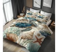 Ocean Turtle Emperor Bedding Set 3 Piece, Bedroom Decor Duvet Cover and 2 Pillowcases, Beach Seashell Coral Quilt Cover with Zip, Ultra Soft Microfibre YH-G2