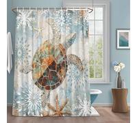 Ocean Turtle Shower Curtain with 12 Hooks Retro Beige Nautical Starfish Sealife Waterproof Fabric Shower Curtains Sets for Bathroom Bath Decorations, Machine Washable, 54"x78"