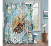 Ocean Turtle Shower Curtain with 12 Hooks Retro Blue Nautical Starfish Sealife Waterproof Fabric Shower Curtains Sets for Bathroom Bath Decorations, Machine Washable, 36"x78"
