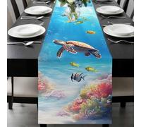 Ocean Turtle Table Runner 13x90 Inches Long Nautical Colorful Sea Turtle Fish Coral Sunlight Bubble Cotton Linen Table Runner Burlap Style for Dinner Table Party Decor Tabletop Decorations