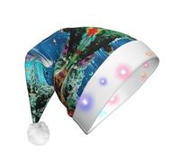 Ocean Underwater Dolphin Fish Print Santa Hat With Led Lights, Funny Christmas Hats For Adults For New Year Holiday Party Supplies