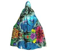 Ocean Underwater Dolphin Fish Printing 57.8 Inches Length Adult Vampire Hooded Cloak,Hooded Cloak For Halloween Role Playing With Tie