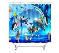Ocean Underwater World Dolphins, Penguins, Fish and Jellyfish Shower Curtain, Blue Coastal Sea Marine Life Polar Ring Waterproof Fabric Bath Curtain Decor