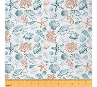 Ocean Upholstery Fabric by The Yard Coastal Beach Ocean Reupholstery Fabric for Chairs Starfish Shell Seaweed Print Decorative Waterproof Outdoor Fabric 1 Yard (L92*W150cm)