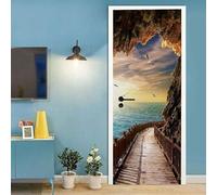 Ocean View Door Stickers for Interior Doors Rock and Wood Bridge 3D Door Sticker Murals Decals Wallpaper Self Adhesive Waterproof Poster for Bedroom Living Bathroom 90x200 cm d-1500