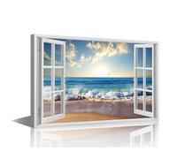 Ocean View from a Window Canvas Wall Art for Living Room Home Decor Landscape Poster Prints on Canvas Sea Waves Wall Decorations for Bedroom Bathroom Framed Ready to Hang, 36x24in