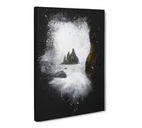 Ocean View From Black Sand Beach Iceland Paint Splash Modern Canvas Wall Art Print Ready to Hang, Framed Picture for Living Room Bedroom Home Office Décor, 24x16 Inch (60x40 cm)