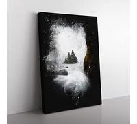 Ocean View From Black Sand Beach Iceland Paint Splash Modern Canvas Wall Art Print Ready to Hang, Framed Picture for Living Room Bedroom Home Office Décor, 76x50 cm (30x20 Inch)