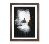 Ocean View From Black Sand Beach Iceland Paint Splash Modern Framed Wall Art Print, Ready to Hang Picture for Living Room Bedroom Home Office Décor, Walnut A3 (34 x 46 cm)