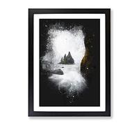 Ocean View From Black Sand Beach Iceland Paint Splash Modern Framed Wall Art Print, Ready to Hang Picture for Living Room Bedroom Home Office Décor, Black A2 (64 x 46 cm)