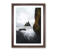 Ocean View From Black Sand Beach Iceland Painting Modern Framed Wall Art Print, Ready to Hang Picture for Living Room Bedroom Home Office Décor, Walnut A3 (34 x 46 cm)
