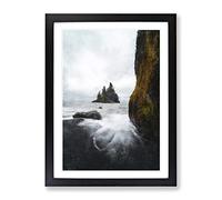 Ocean View From Black Sand Beach Iceland Painting Modern Framed Wall Art Print, Ready to Hang Picture for Living Room Bedroom Home Office Décor, Black A2 (64 x 46 cm)