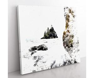 Ocean View from Black Sand Beach Iceland Watercolour Modern Canvas Wall Art Print Ready to Hang, Framed Picture for Living Room Bedroom Home Office Décor, 35x35 cm (14x14 Inch)