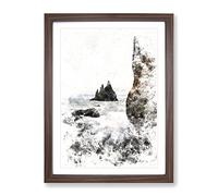 Ocean View From Black Sand Beach Iceland Watercolour Modern Framed Wall Art Print, Ready to Hang Picture for Living Room Bedroom Home Office Décor, Walnut A4 (34 x 25 cm)