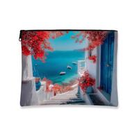 Ocean View Makeup Bag, Red Floral Seaside Cosmetic Travel Bags for Women, Portable Small Canvas Zipper Pouch, Beach Holiday Gift Toiletry Bag Organizer, Blue, 7x9 Inch, Floral