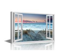 Ocean Wall Art 3D Window View Pictures Print On Canvas Beach Modern Artwork Seascape Wall Decor for Living Room Office Giclee Gallery Wrapped Posters Framed Ready to Hang, 24x16in