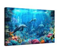 Ocean Wall Art Blue Beach Wall Decor for Bathroom Nautical Themed Under Sea World Picture Dolphin Canvas Prints Fish Coral Painting Nature Coastal Seascape Poster Artwork Living Room Decorations 16x24