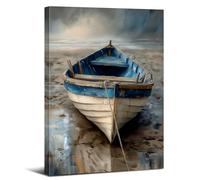 Ocean Wall Art Blue Sea Boat Canvas Picture Sandy Beach Picture Coastal Artwork Framed Seashore Prints Poster Nautical Seaside View Home Decor for Bathroom Living Room Bedroom Decorations 12x16”