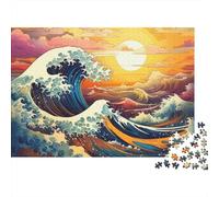 Ocean Wave Art Hard 1000 Piece Family Game Night Puzzle Ocean Wave Against Vibrant Sunset Sky Premium Sturdy Vibrant Challenging Stress Relief 52x38cm/1000pcs