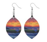 Ocean Wave Birds Sunset Women's Wooden Earring Apricot Shaped Dangle Earrings Pendant Jewelry