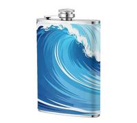 Ocean Wave Blue 8oz Leather Hip Flask - Stainless Steel Whiskey Flask for Drinks, Pocket Liquor Set for Men Wedding Groomsman