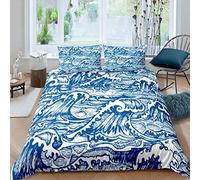 Ocean Wave Comforter Cover Japanese Hokusai Bedding Set for Kids Boys Girls Japanese-Style Sea Wave Duvet Cover Exotic Japanese Blue Decor Bedspread Cover with 2 Pillowcases 3Pcs Bedding King
