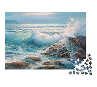 Ocean Wave Crash 1000 Piece Game Night Puzzle for Adults Turbulent Ocean Waves Crashing on Rocks Premium Sturdy Vibrant Challenging Hard Stress Relief 38x26cm/1000pcs
