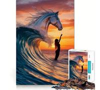 Ocean Wave Horse And Woman Silhouette Jigsaw Puzzles for Adults 1000 Pieces Strengthen Memory Family Bond Clean Edge Birthday Gift (50x75cm)