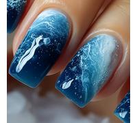 Ocean Wave Press On Nails Short Square with 3D Water Effect & UV Wraps - Blue Gradient French Tip Fake Nails Stickers for Summer Beach Vacations, Handmade Art Design Almond Shape (Ocean Wave Fantasy)