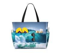 Ocean Wave Print Beach Tote Bag Waterproof Large Bags With Zipper Big Capacity For Vacation Travel