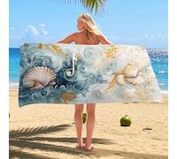 Ocean Wave Shell Microfiber Beach Towel Blue Nautical Design, Quick Dry Absorbent Sand Free Lightweight Vacation Blanket, Pool Gym Outdoor Travel Essentials 62x31 Inch