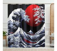 Ocean Wave Shower Curtain, Blue Red Japanese Art Shower Curtain for Bathroom Decor, Spring Summer Modern Minimalistic Fabric Shower Curtain Set with Hooks 72x72 Inch