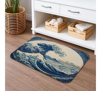 Ocean Waves Art Bath Mat, Vintage Blue Japanese Print Non Slip Shower Rug, Summer Themed Absorbent Bathroom Mats for Home Decor 20x32 Inch