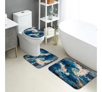 Ocean Waves Bathroom Mat Sets 3 Piece, Abstract Blue White Turbulent Design Absorbent Non Slip Toilet Rugs U Shaped Washable, Coastal Summer Memory Foam Bathroom Rug Set
