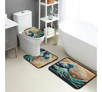 Ocean Waves Bathroom Mat Sets 3 Piece, Artful Blue Sea Undulation Non Slip Toilet Rugs U Shaped Washable, Coastal Style Quick Dry Memory Foam Bath Rug Set